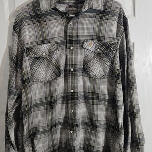 Carhartt Mens Large Longsleeve Plaid Flannel Pearl-Tone Snap Buttons Shirt.